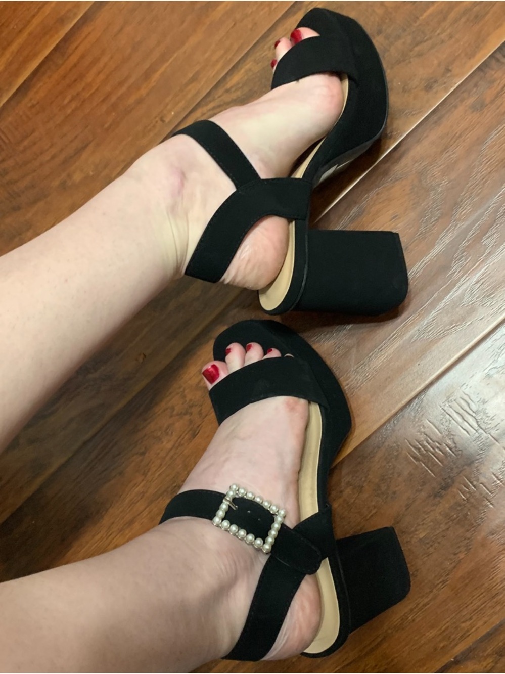 Windsor Black Platform Block Heel Sandals with Pearl Buckle